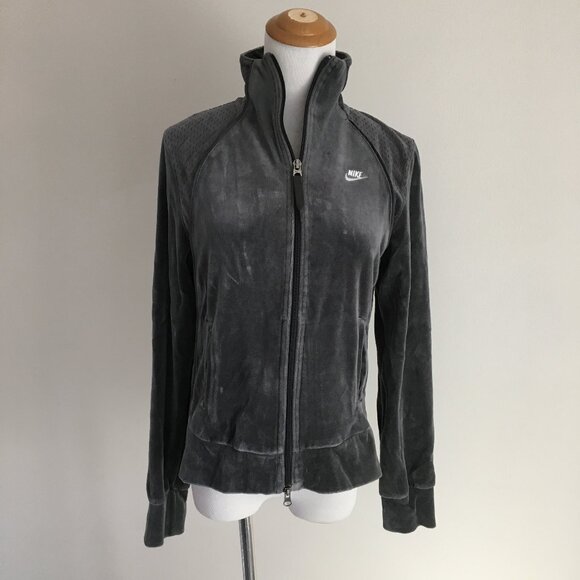 NIKE Long Sleeve Gray Velvet/Velour Perforation Detail Collared Track Jacket - Picture 5 of 13